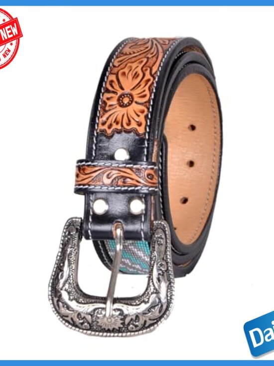 Western Leather Belt Hand Tooled Floral Design Silver Buckle Size 34 main image 4